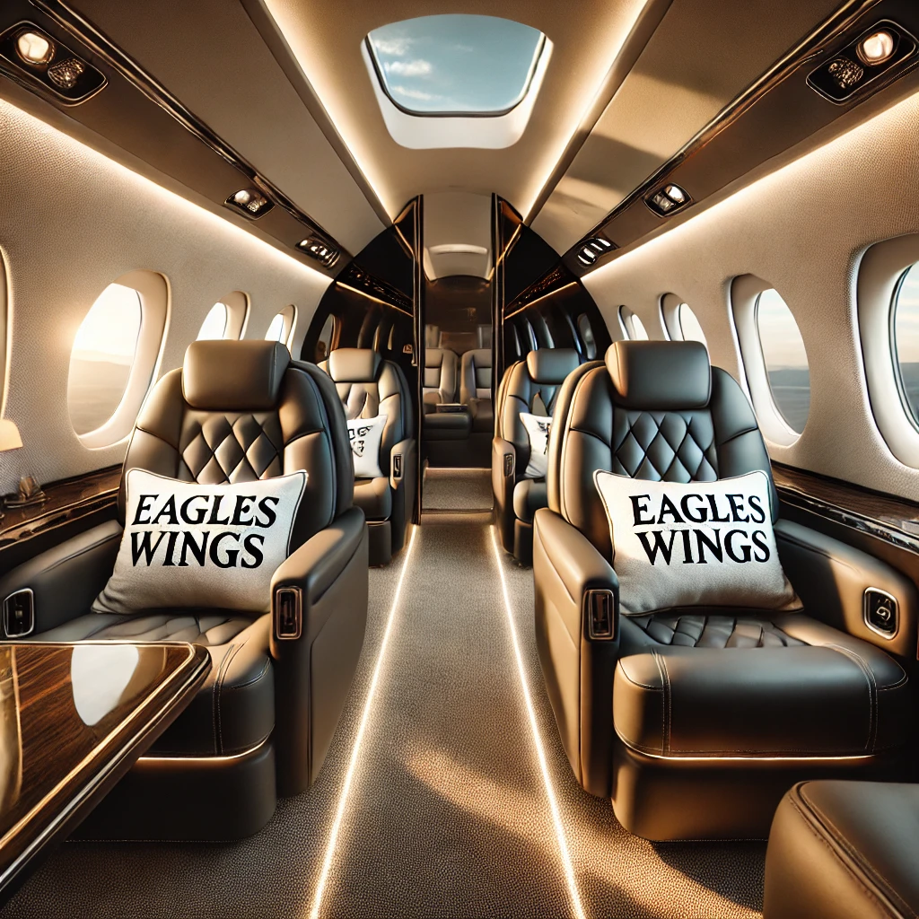 DALL·E 2025-01-02 16.52.10 - A luxurious and modern interior of a private jet. The scene features plush leather seats arranged in a spacious and elegant cabin, with a table, ambie