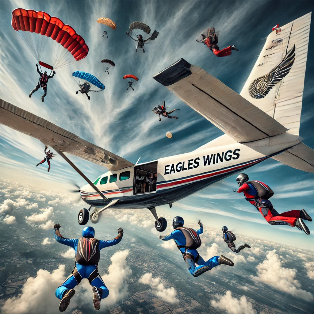 DALL·E 2025-01-02 16.58.24 - A thrilling and dynamic scene of skydivers jumping out of a Cessna aircraft mid-air. The aircraft prominently displays the name 'Eagles Wings' on its