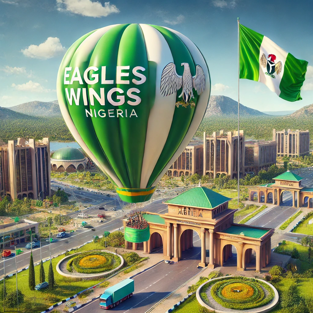 DALL·E 2025-01-02 17.16.16 - A highly realistic and detailed scene of an Eagles Wings hot air balloon floating over the iconic Abuja City Gate in Nigeria, with a green, white, and